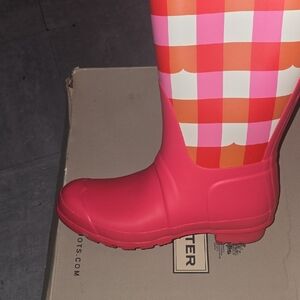 Hunter Pink and Orange Checkered Women's Rain Boots